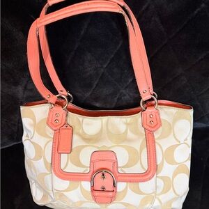 Stylish Tan and Coral  Coach Women's Bag